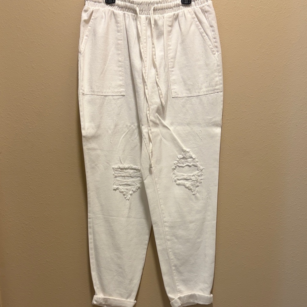 Casual White Distressed Joggers